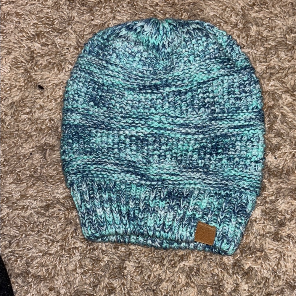 Knit Beanie with Leather Patch - Blue
